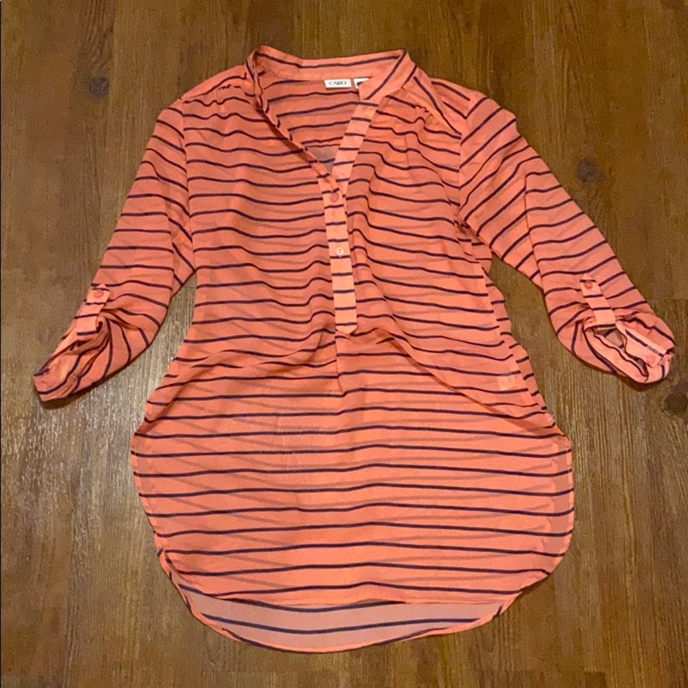 Sheer coral and navy striped blouse